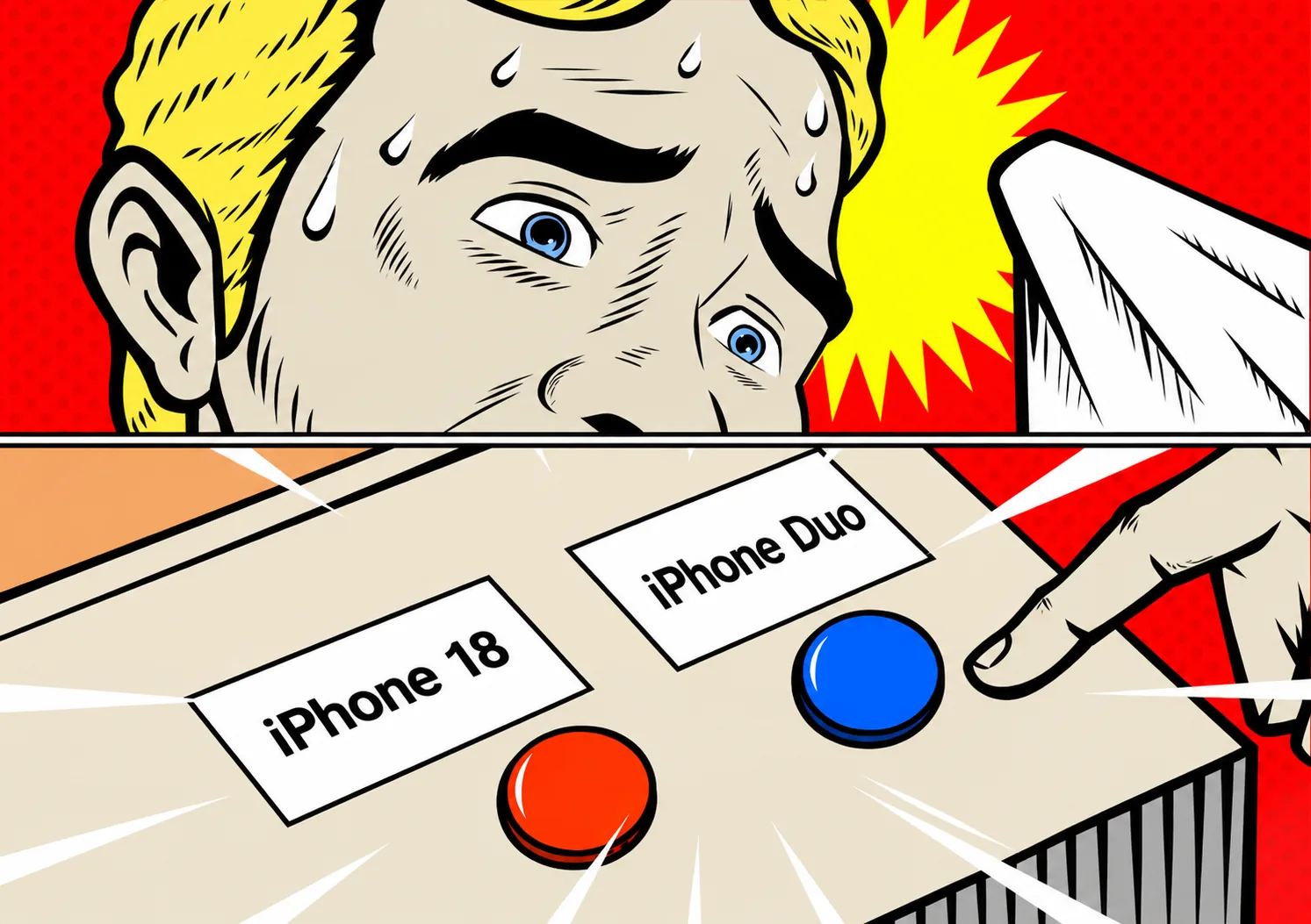 Pop-art comic panel of a sweating man agonizing over two buttons on a console, one labeled iPhone 18 and one labeled iPhone Duo, his finger already on the Duo button