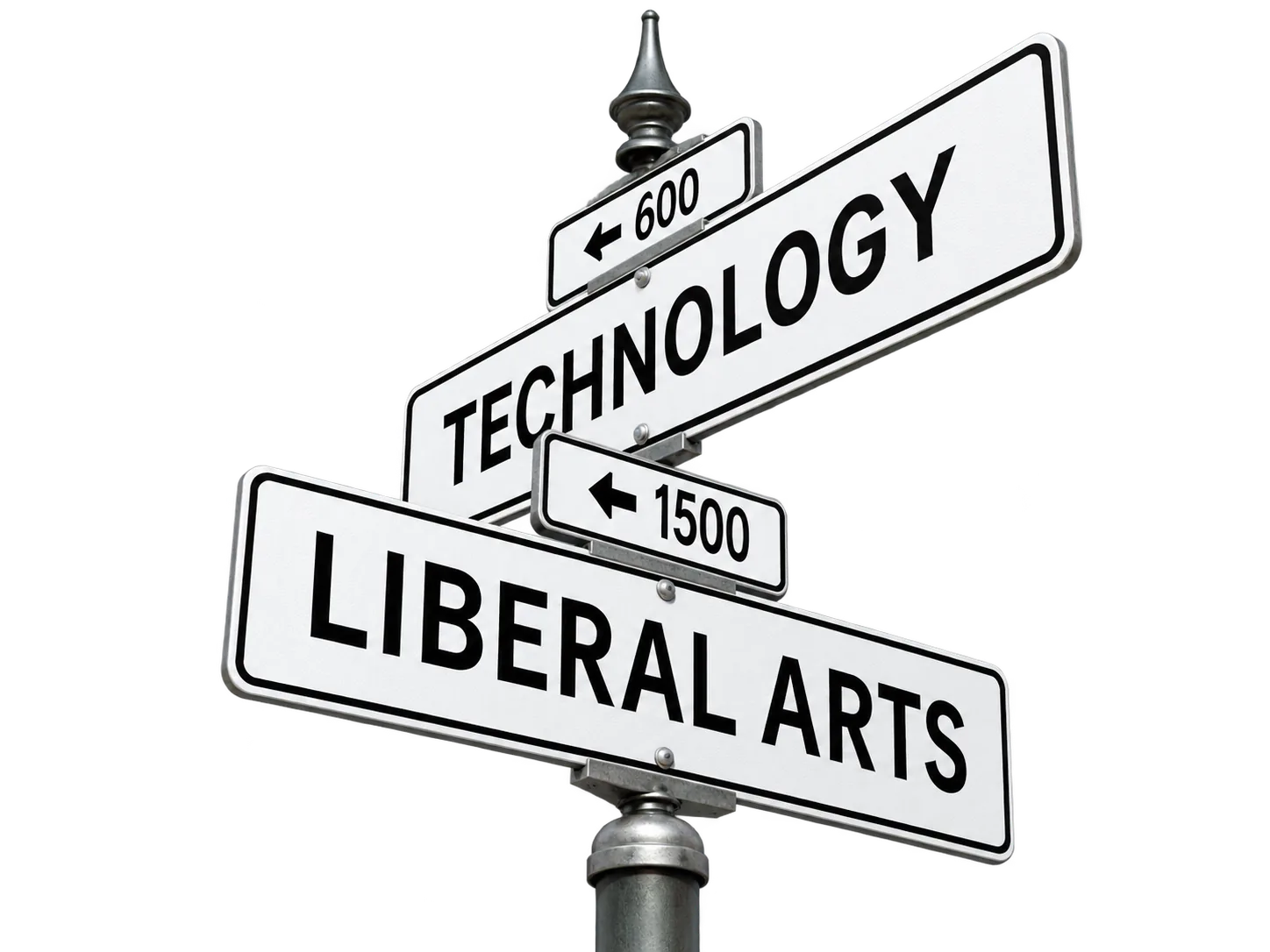 Street signs on one pole at an intersection, one reading TECHNOLOGY and one reading LIBERAL ARTS